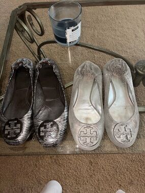 Tory Burch Metallic Pewter and Silver Reva Ballet Flats Duo